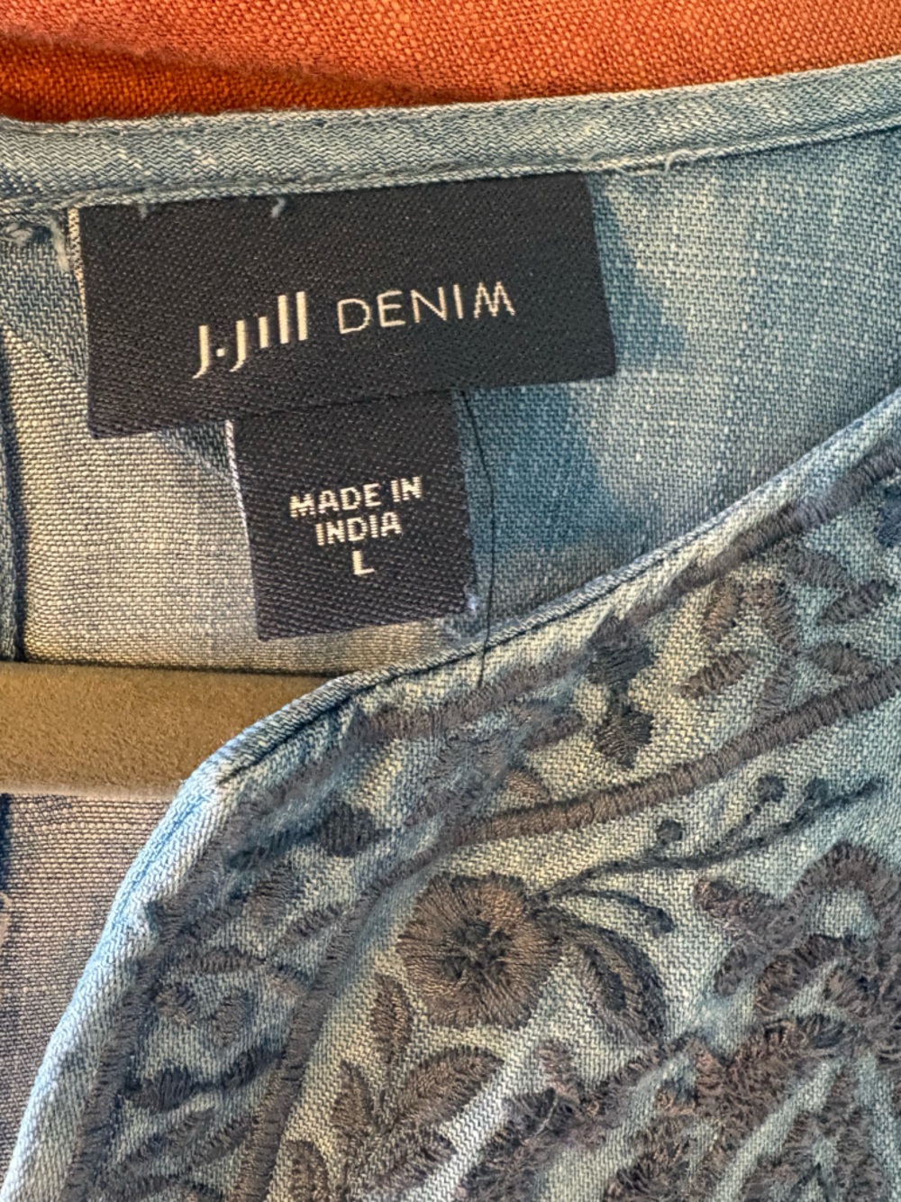 J. Jill Chambray Dress w/ Dark Blue Embroidery | Effortless Boho Chic Sz L - Picture 2 of 11